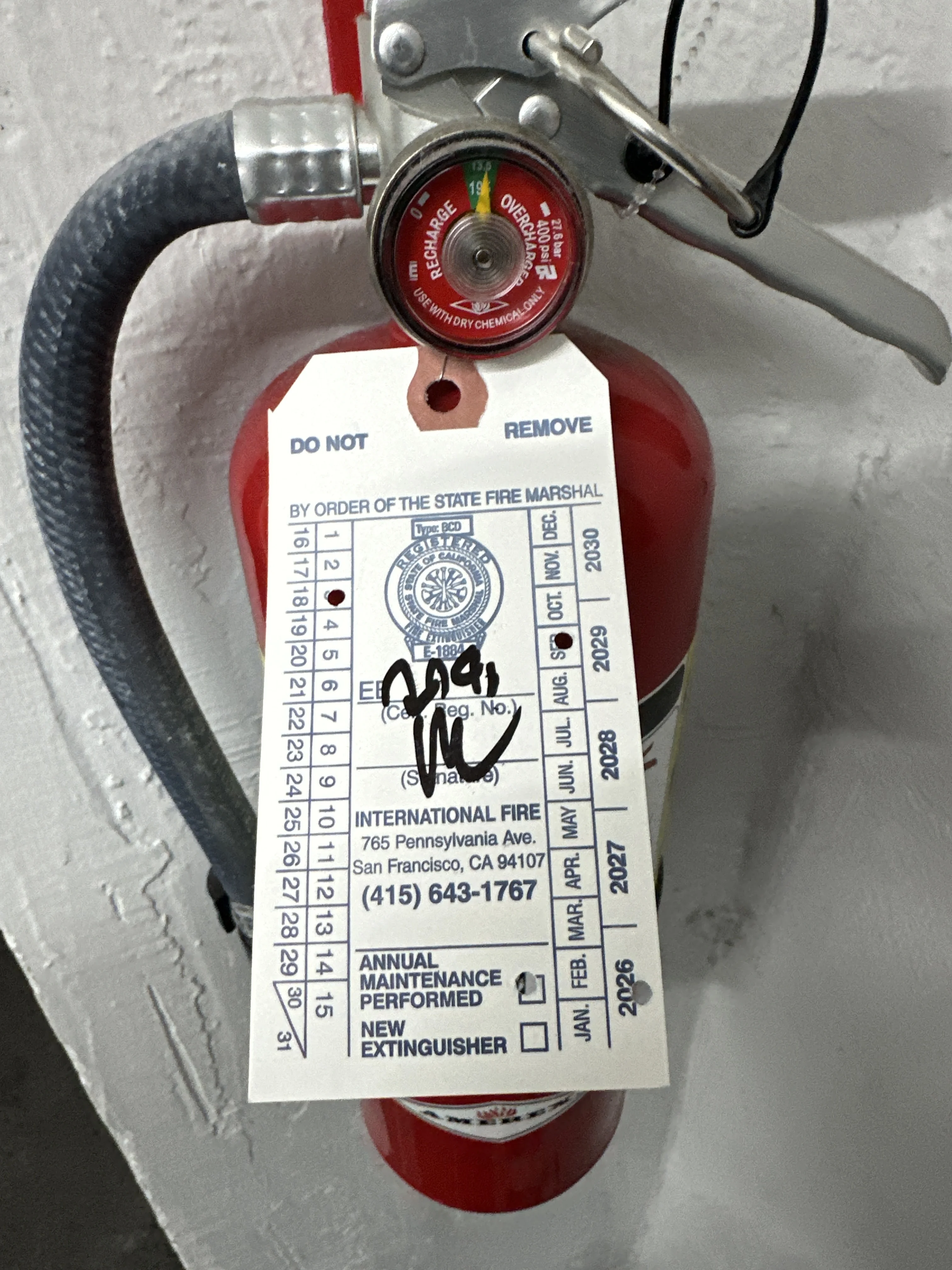 Fire extinguisher testing and certification at a property in San Francisco